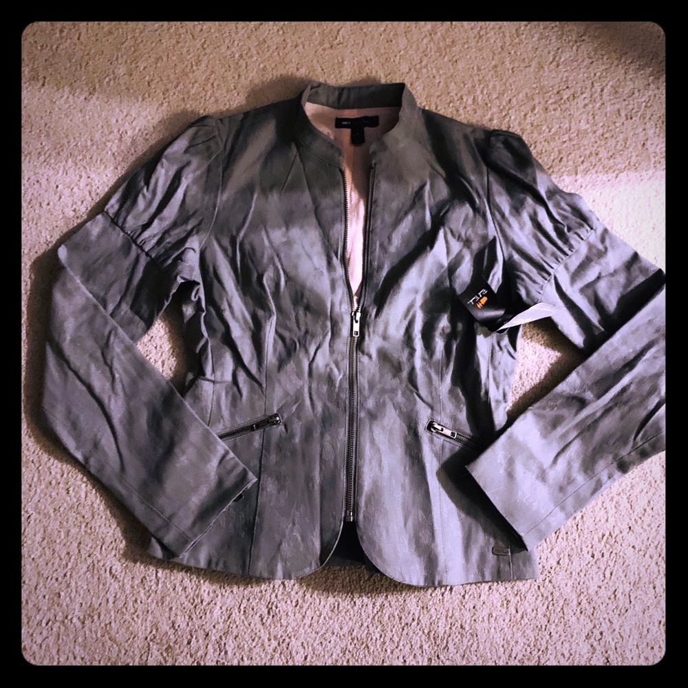 NWT GREY GRAY ZIPPERED JACKET BLAZER BACK RUFFLES